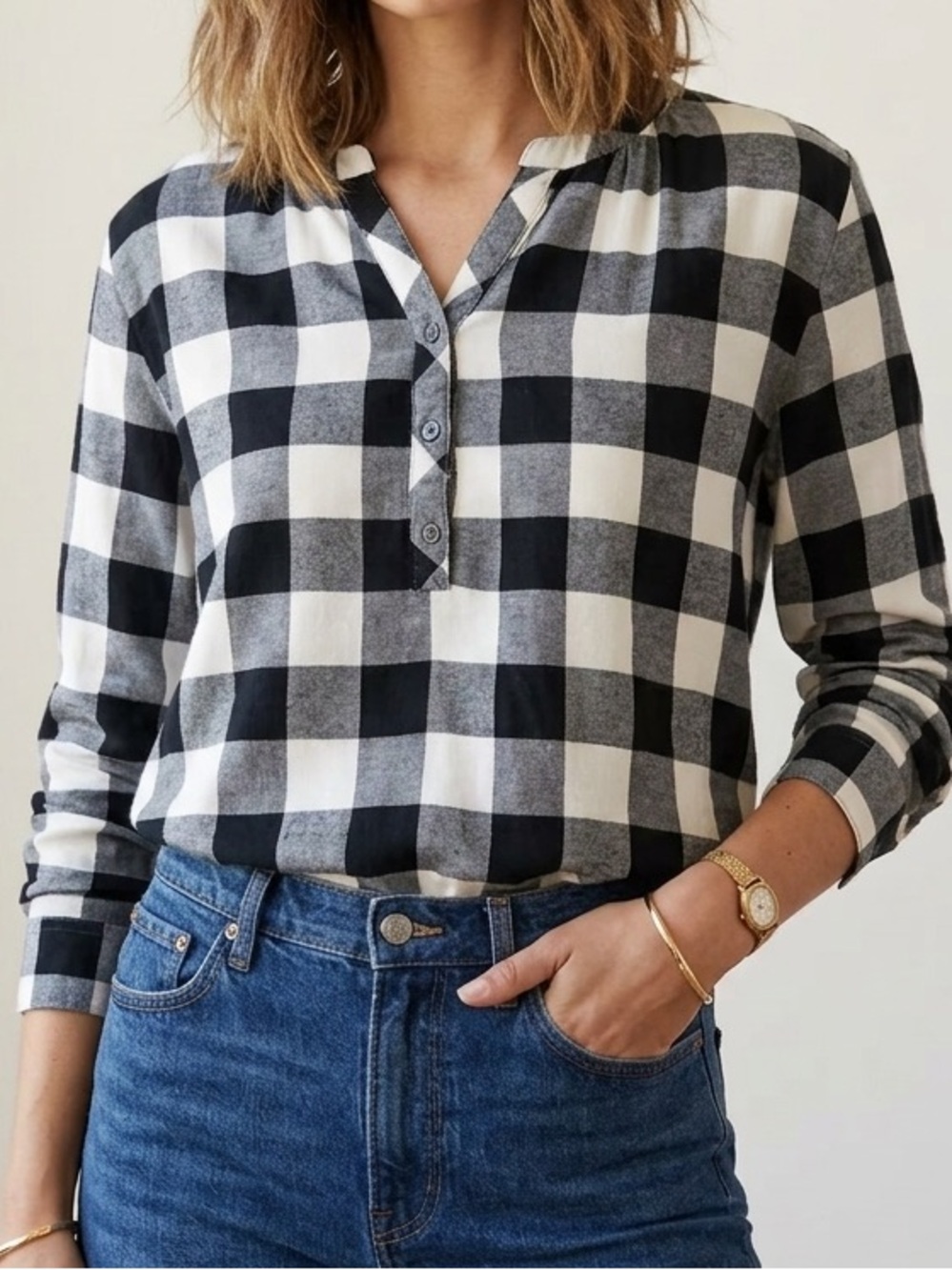 Women's Black & White Buffalo Check Henley Top NWOT